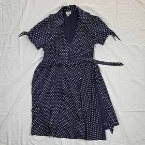 Unique Vintage Navy and White Polka Dot Wrap Midi Dress